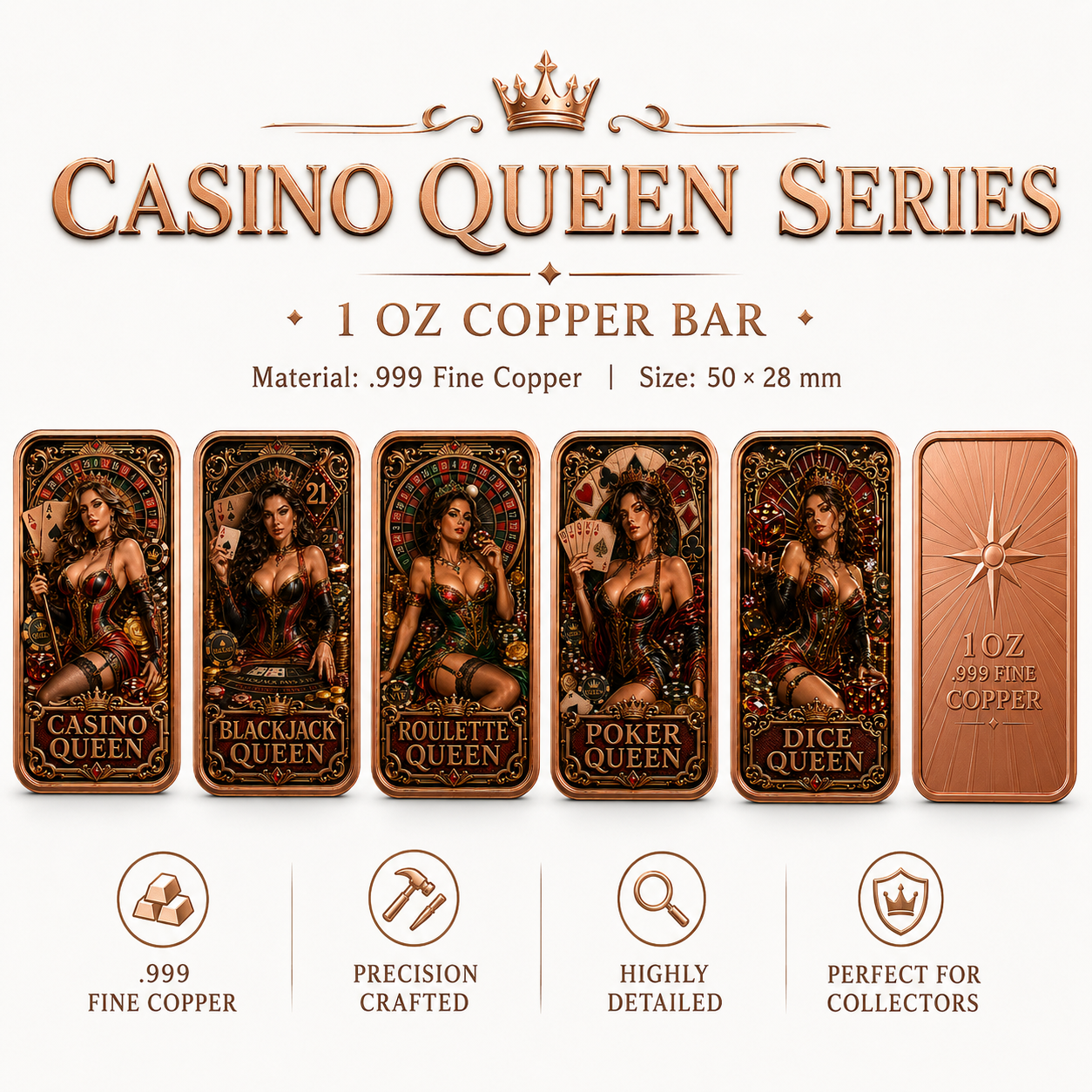 Casino Queen Series 1 oz .999 Fine Copper Bar Set of 5 (20 Sets / 100 Bars)
