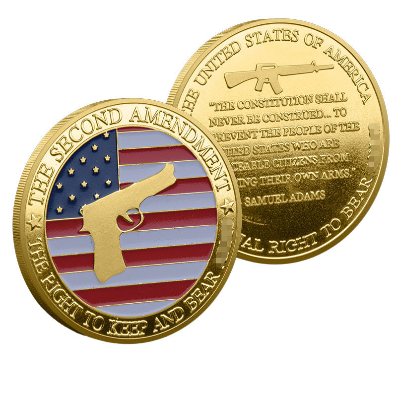 Second Amendment Challenge Coin both sides display – obverse American flag pistol and reverse Samuel Adams quote AR-15 gold-tone