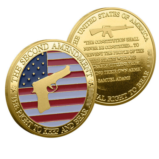Second Amendment Challenge Coin both sides display – obverse American flag pistol and reverse Samuel Adams quote AR-15 gold-tone