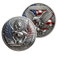 Harley-Davidson Harley Spirit Ride Fast Live Free Challenge Coin both sides display – lion V-Twin engine American flag wings reverse and eagle Harley obverse antique silver enamel