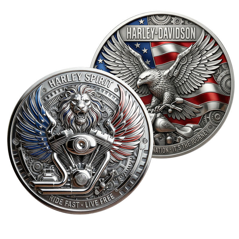 Harley-Davidson Harley Spirit Ride Fast Live Free Challenge Coin both sides display – lion V-Twin engine American flag wings reverse and eagle Harley obverse antique silver enamel