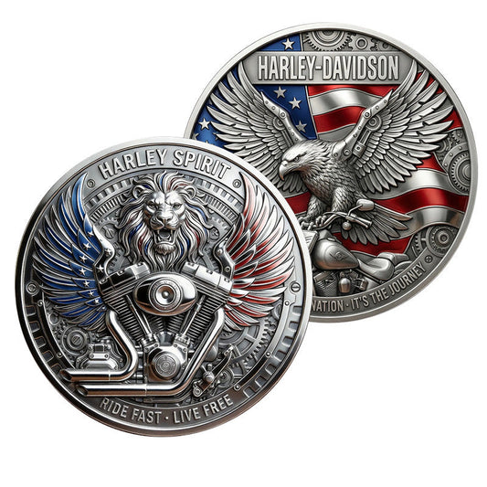 Harley-Davidson Harley Spirit Ride Fast Live Free Challenge Coin both sides display – lion V-Twin engine American flag wings reverse and eagle Harley obverse antique silver enamel