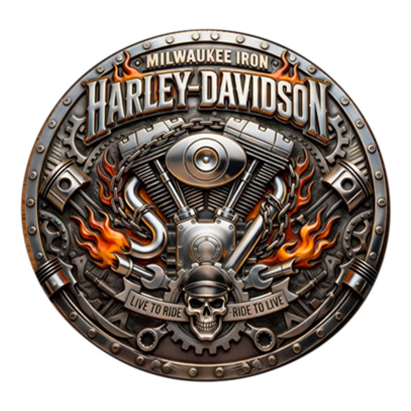 Harley-Davidson Milwaukee Iron Challenge Coin reverse – V-Twin engine skull Live to Ride Ride to Live flames gears pistons wrenches antique silver