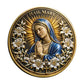 Hail Mary Virgin Mary Praying Challenge Coin obverse closeup – Virgin Mary blue mantle gold halo radiant sunburst lily wreath gold cross antique gold finish reeded rim