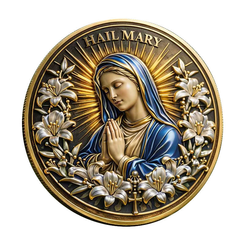 Hail Mary Virgin Mary Praying Challenge Coin obverse closeup – Virgin Mary blue mantle gold halo radiant sunburst lily wreath gold cross antique gold finish reeded rim
