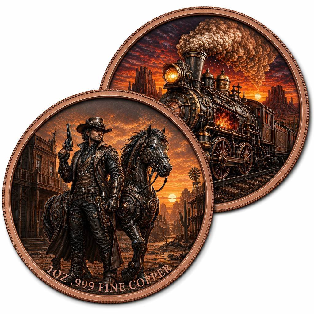 1 oz .999 Copper Round Steampunk Wild West Gunslinger and Iron Horse Locomotive – Both sides