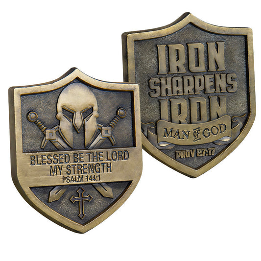 Iron Sharpens Iron Man of God Shield-Shaped Challenge Coin both sides – Spartan helmet crossed swords Psalm 144:1 obverse and Iron Sharpens Iron Man of God Proverbs 27:17 reverse antique bronze