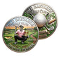 Old Bastards Golf Club 100% Over Par Lifetime Member Challenge Coin both sides display – skeleton golfer cigar trophy obverse and golf ball crossed clubs whiskey cigar Drink Laugh Shoot Again reverse antique silver enamel