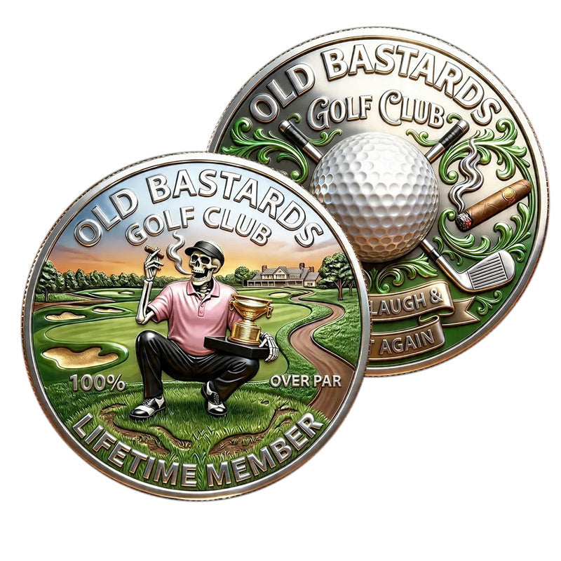 Old Bastards Golf Club 100% Over Par Lifetime Member Challenge Coin both sides display – skeleton golfer cigar trophy obverse and golf ball crossed clubs whiskey cigar Drink Laugh Shoot Again reverse antique silver enamel