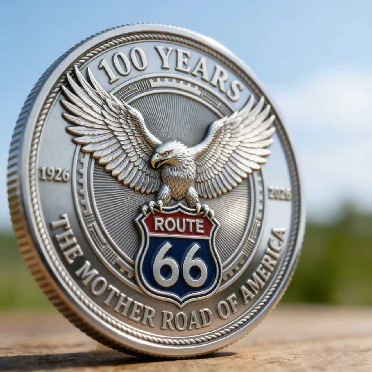 Route 66 Centennial 1926-2026 Challenge Coin – 100 Years The Mother Road of America – 40mm 3D Silver (Lot of 10)