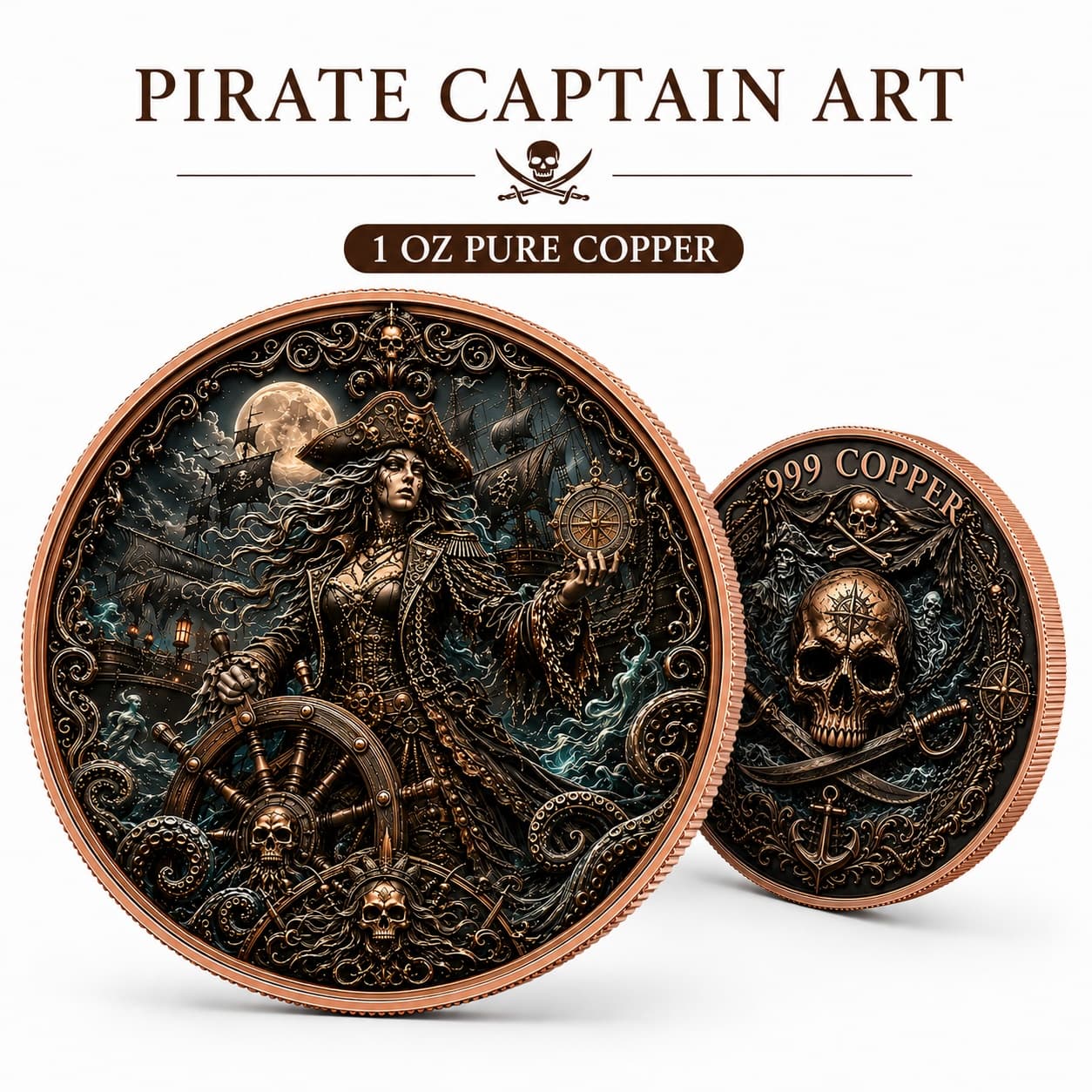 Pirate Captain Challenge Coin – 1 Troy Oz .999 Copper 3D | 40mm | 20 pc Minimum