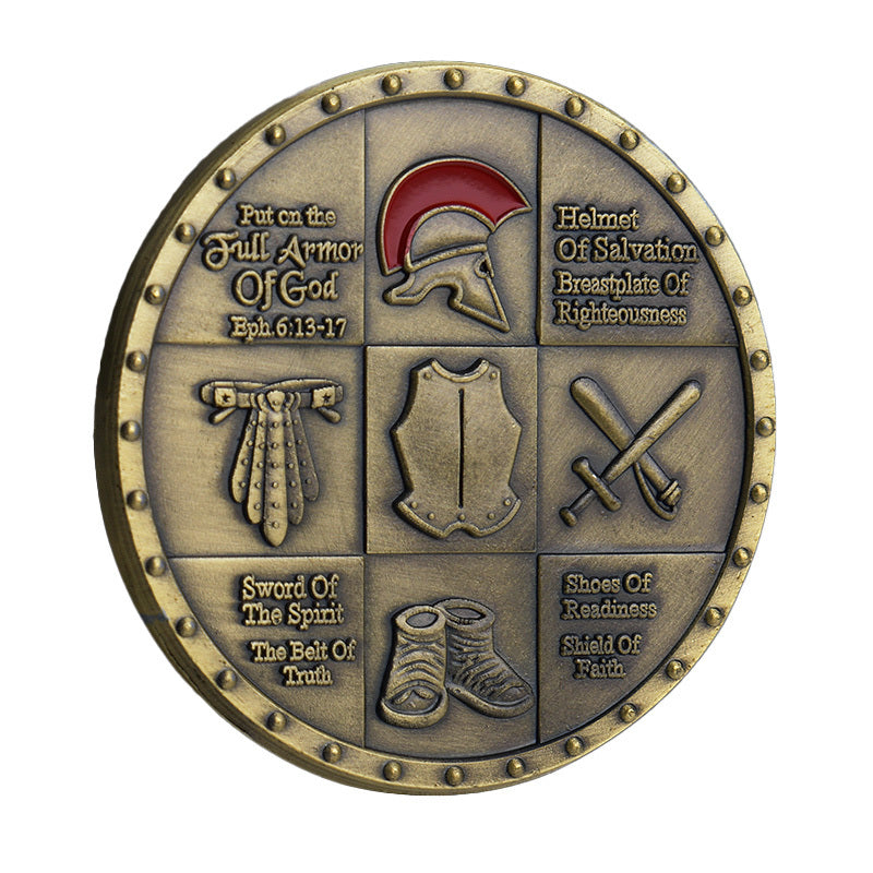 Armor of God Challenge Coin reverse closeup – Put on the Full Armor of God six-panel Helmet of Salvation Breastplate Belt Sword Shoes Shield red enamel