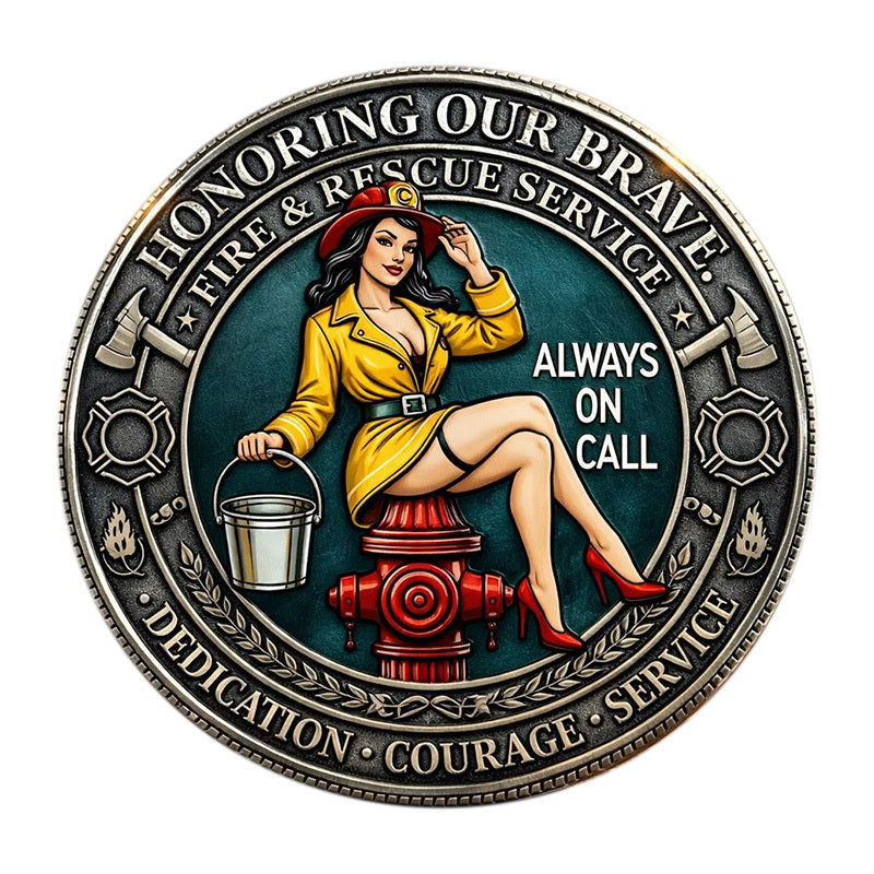 Honoring Our Brave Fire & Rescue Service Always On Call Dedication Courage Service Challenge Coin reverse closeup – pin-up firefighter girl red hydrant teal enamel antique silver