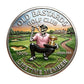 Old Bastards Golf Club Lifetime Member Challenge Coin obverse closeup – skeleton golfer pink polo cigar trophy sunset golf course 100% Over Par antique silver color enamel