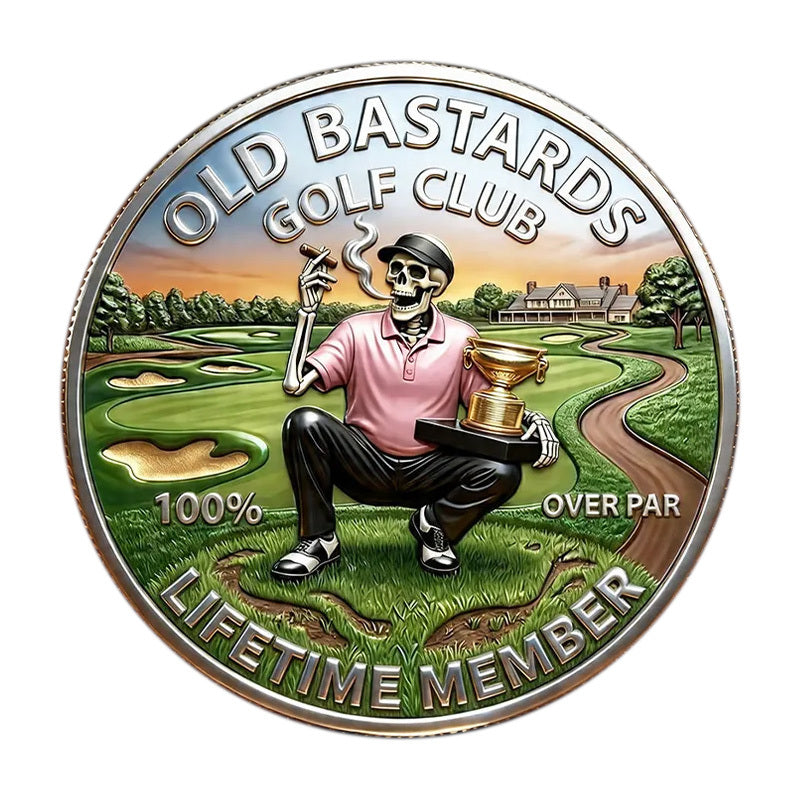 Old Bastards Golf Club Lifetime Member Challenge Coin obverse closeup – skeleton golfer pink polo cigar trophy sunset golf course 100% Over Par antique silver color enamel