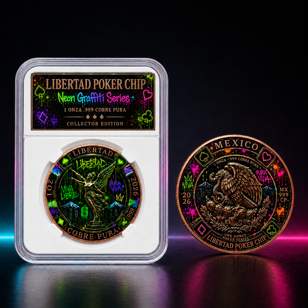 2026 Mexico Libertad Poker Chip 1 Oz .999 Pure Copper Neon Graffiti Colorized Souvenir Challenge Coin with Display Slab(20 PACK)