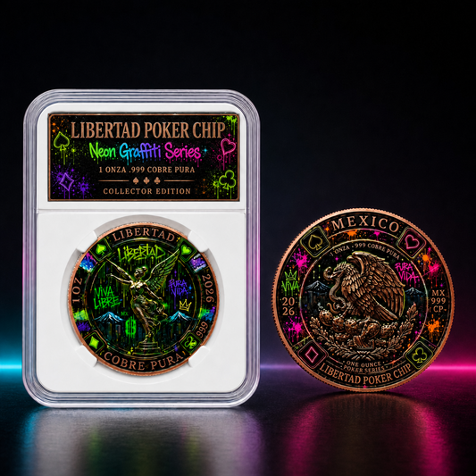 2026 Mexico Libertad Poker Chip 1 Oz .999 Pure Copper Neon Graffiti Colorized Souvenir Challenge Coin with Display Slab(20 PACK)