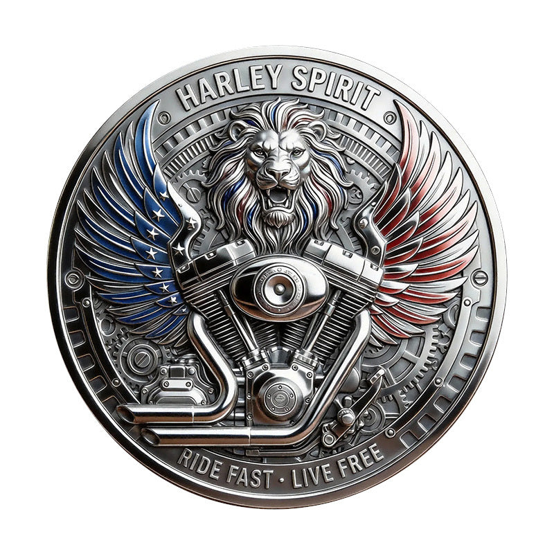Harley Spirit Ride Fast Live Free Challenge Coin reverse – roaring lion V-Twin engine mechanical wings American flag blue red enamel gears antique silver