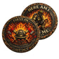 Here Am I Send Me Isaiah 6:8 First In Last Out 343 Firefighter Challenge Coin both sides display – antique bronze full color fire enamel obverse and reverse