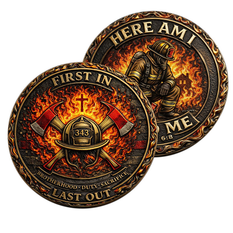 Here Am I Send Me Isaiah 6:8 First In Last Out 343 Firefighter Challenge Coin both sides display – antique bronze full color fire enamel obverse and reverse