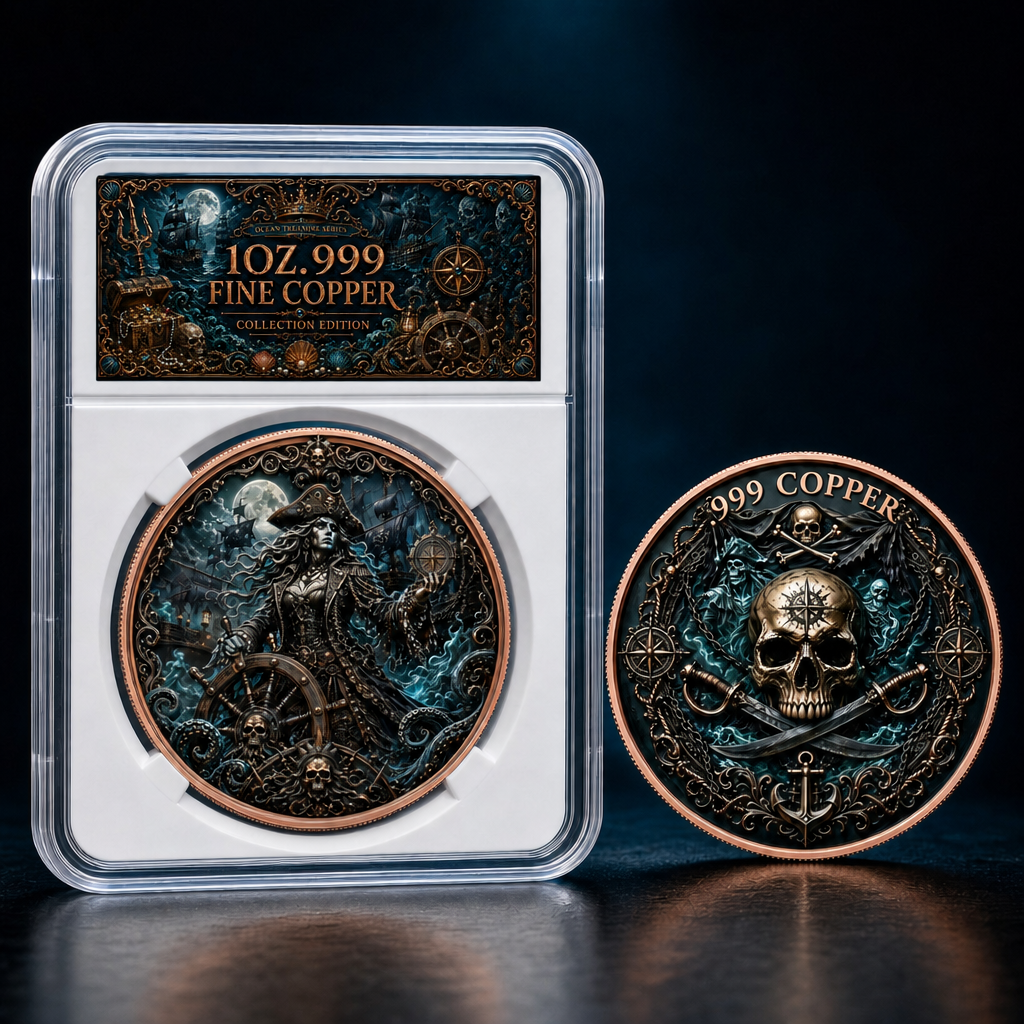 1 Oz .999 Copper Pirate Queen Coin Antique Nautical Captain Challenge Coin Collectible Souvenir with Labeled Display Slab(20 PACK)