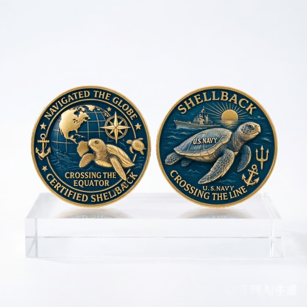 U.S. Navy Certified Shellback Challenge Coin – Crossing the Line Navigated the Globe – 40mm 3D Antique Gold (Lot of 10)