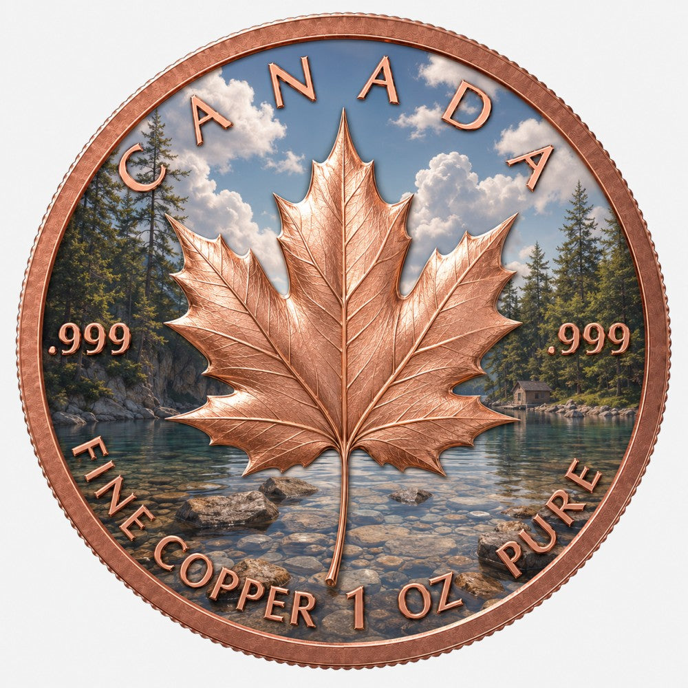 Canadian Maple Leaf 1 oz .999 Fine Copper Round – Canadian Wilderness Lake Art Edition (Tube of 20)
