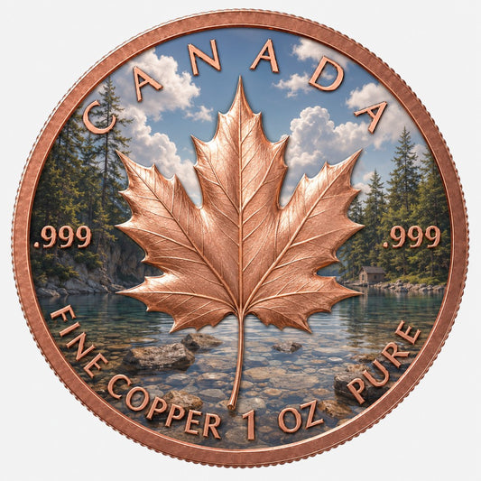 Canadian Maple Leaf 1 oz .999 Fine Copper Round – Canadian Wilderness Lake Art Edition (Tube of 20)
