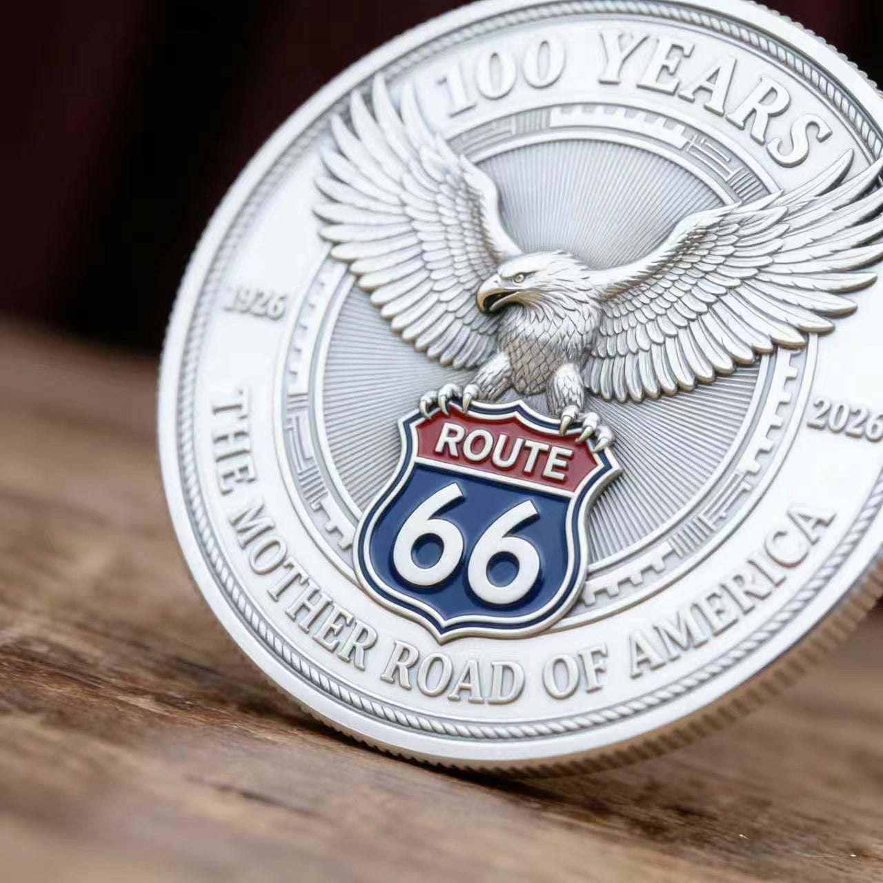 Route 66 Centennial 1926-2026 Challenge Coin – 100 Years The Mother Road of America – 40mm 3D Silver (Lot of 10)