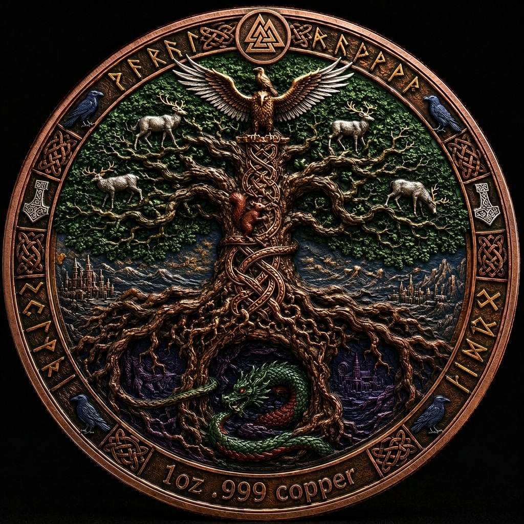 1 oz .999 Copper Round Yggdrasil Tree of Life reverse with runes, eagle, serpent Nidhogg and nine realms