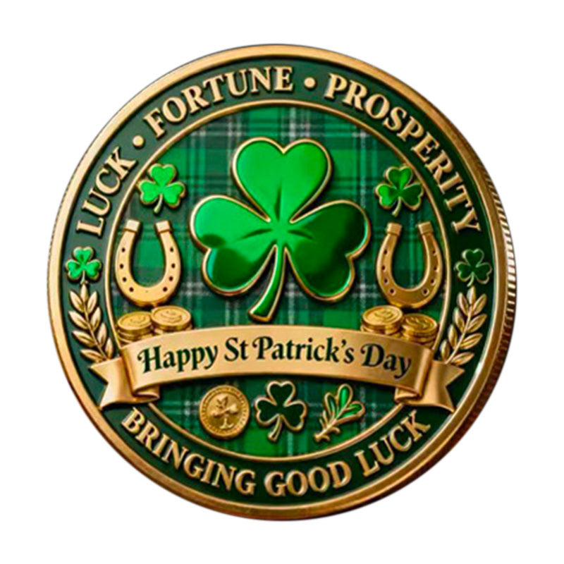 St. Patrick’s Day Luck Fortune Prosperity Challenge Coin reverse closeup – shamrock horseshoes gold coins Happy St Patricks Day tartan green enamel