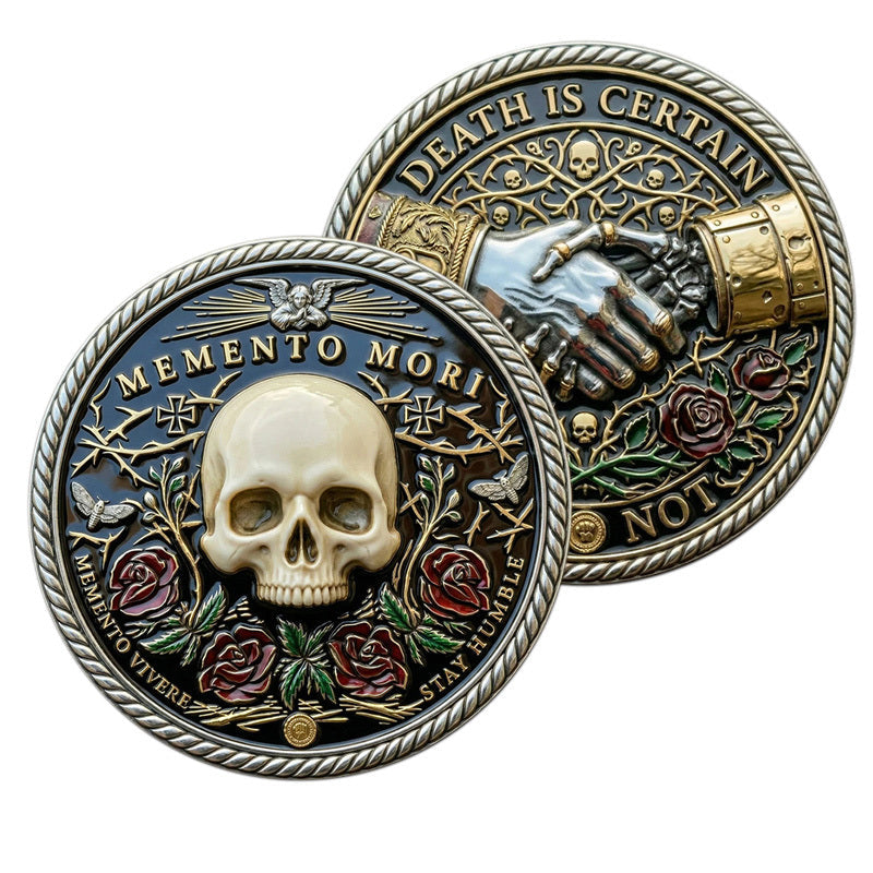 Memento Mori Death Is Certain Challenge Coin 40mm – Both sides skull and handshake