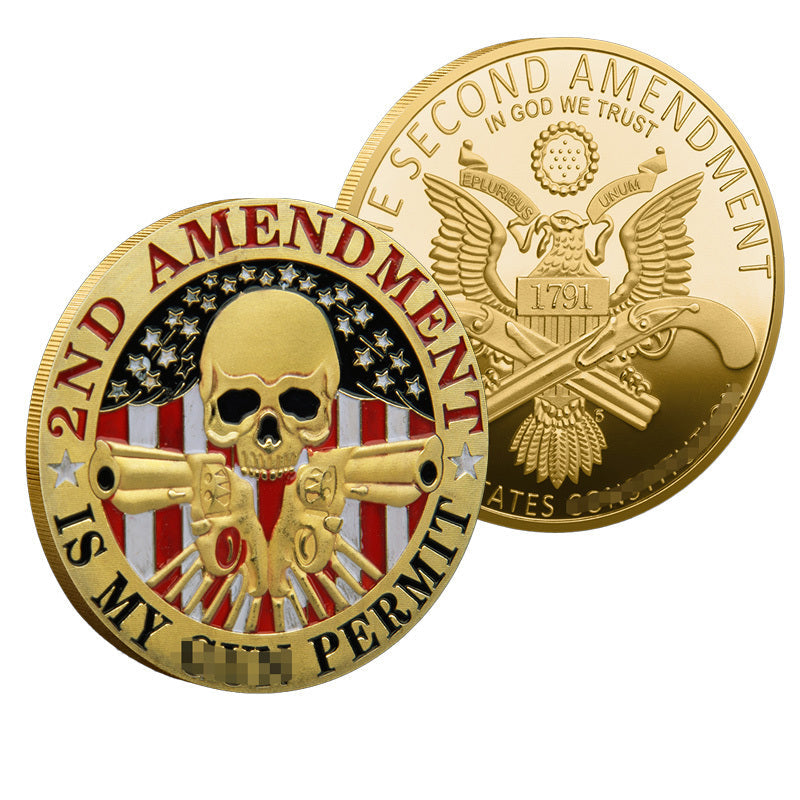 2nd Amendment Is My Gun Permit Challenge Coin both sides – gold skull crossed pistols American flag red white enamel obverse and Second Amendment 1791 Great Seal bald eagle gold-tone reverse