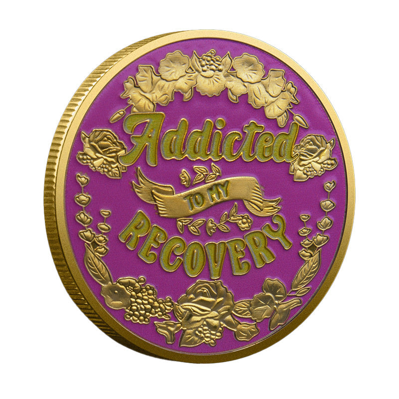 Recovery Strength Sobriety Coin reverse closeup – Addicted to My Recovery gold script ribbon banner roses flowers purple pink enamel gold-tone