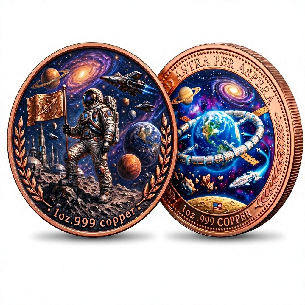1 oz .999 Copper Round Ad Astra Per Aspera – Both sides flat lay white background obverse and reverse