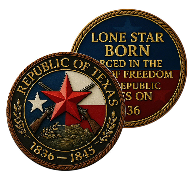 Republic of Texas Lone Star Born Challenge Coin – Both sides display showing obverse and reverse