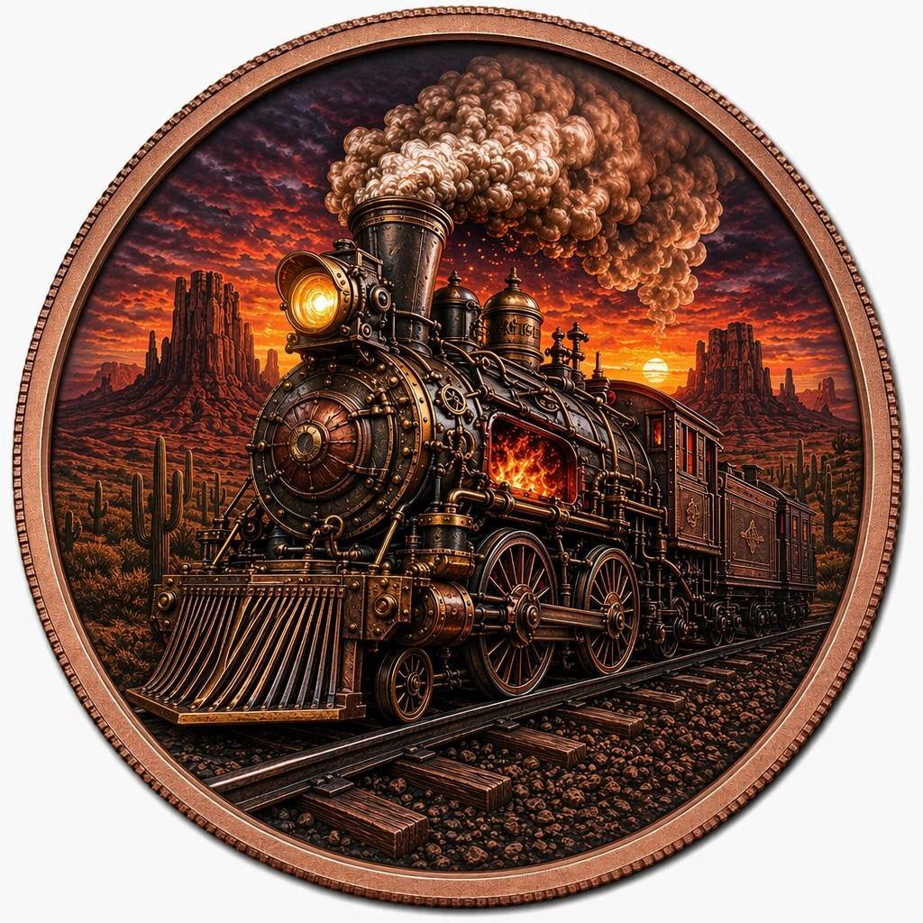 1 oz .999 Copper Round Steampunk Iron Horse Locomotive Desert Sunset – Reverse