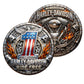 Harley-Davidson Ride Free Milwaukee Iron Challenge Coin both sides display – obverse American flag #1 eagle and reverse V-Twin skull Live to Ride antique silver flame enamel