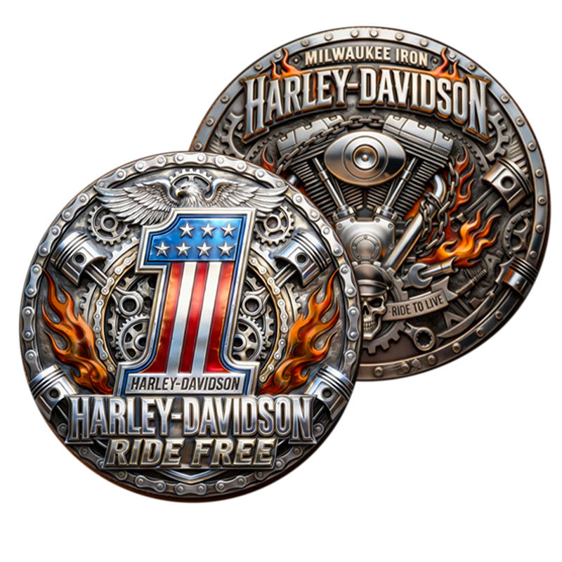 Harley-Davidson Ride Free Milwaukee Iron Challenge Coin both sides display – obverse American flag #1 eagle and reverse V-Twin skull Live to Ride antique silver flame enamel