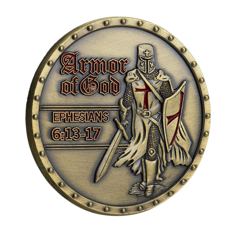 Armor of God Challenge Coin obverse closeup – Templar Crusader knight with red cross shield sword Armor of God Ephesians 6:13-17 antique bronze