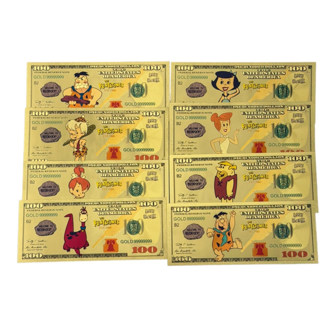 The Flintstones $100 Gold Foil Novelty Bill Complete Set — 8 Characters · Welcome to Bedrock!