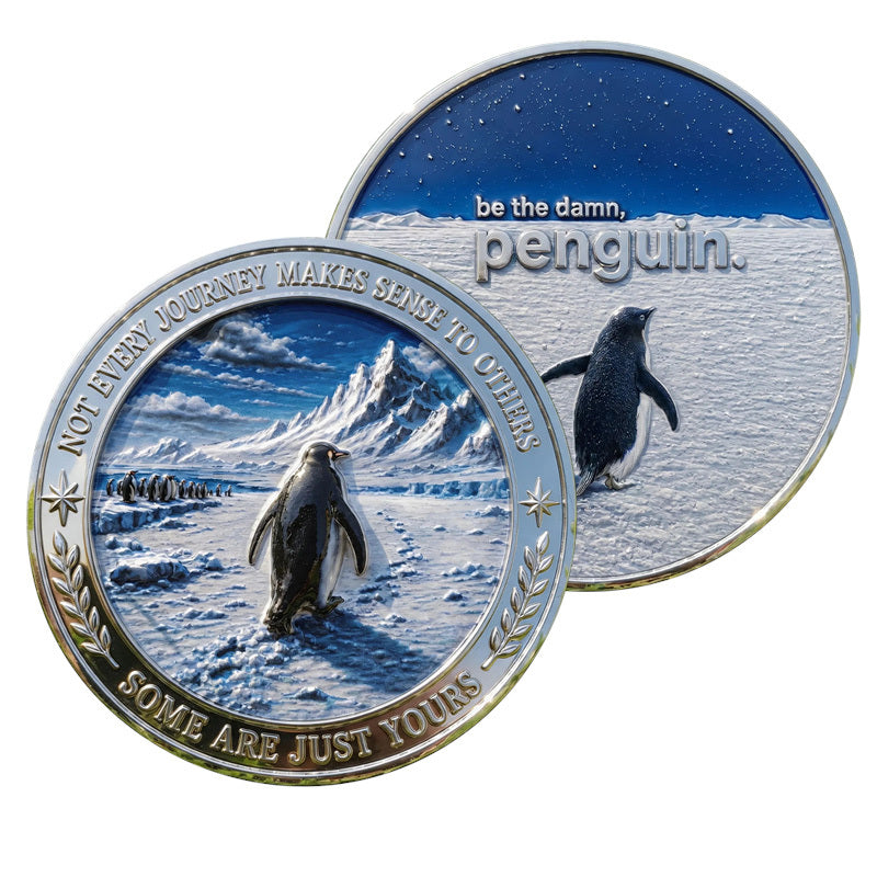 50 PCS Wholesale Lot - Be The Damn Penguin Motivational Challenge Coin 40mm Silver Tone Colorized