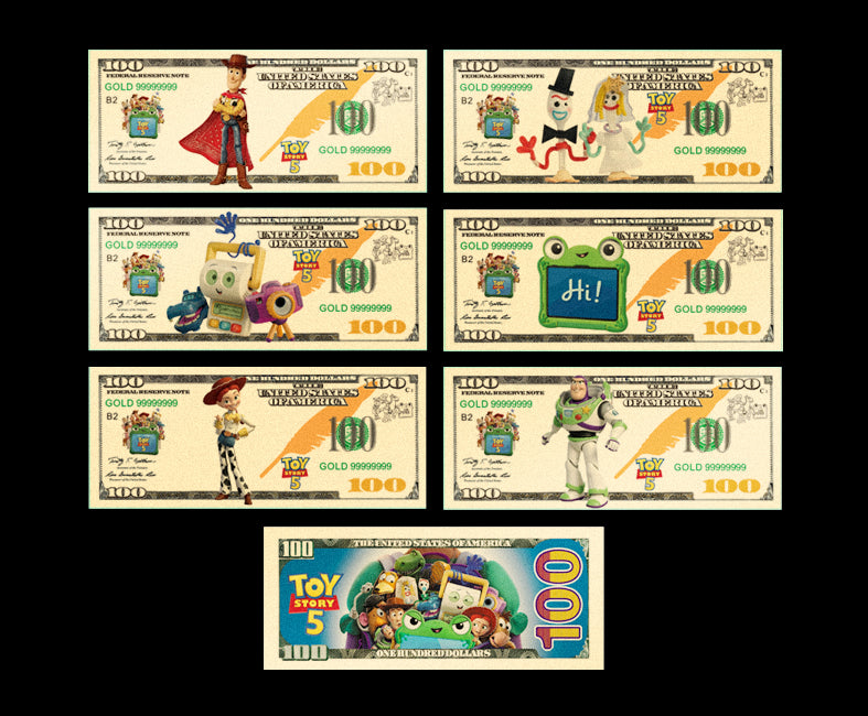 Toy Story 5 6-Pc $100 Gold Banknote Set featuring Woody, Buzz, Jessie and more