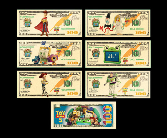 Toy Story 5 6-Pc $100 Gold Banknote Set featuring Woody, Buzz, Jessie and more