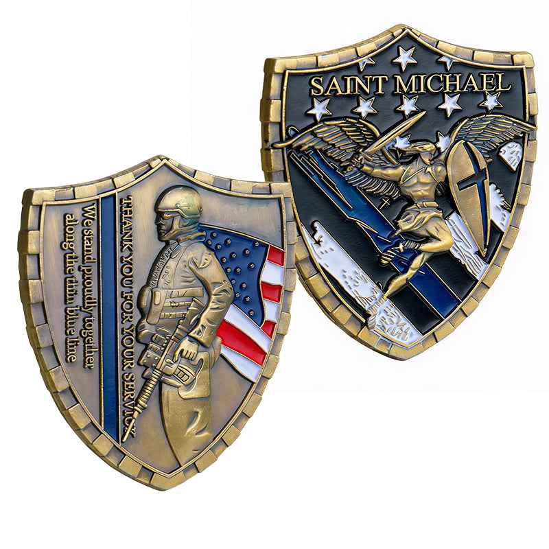 50 PCS Wholesale Lot - Saint Michael Thin Blue Line Shield Challenge Coin 1.75" Antique Bronze Police