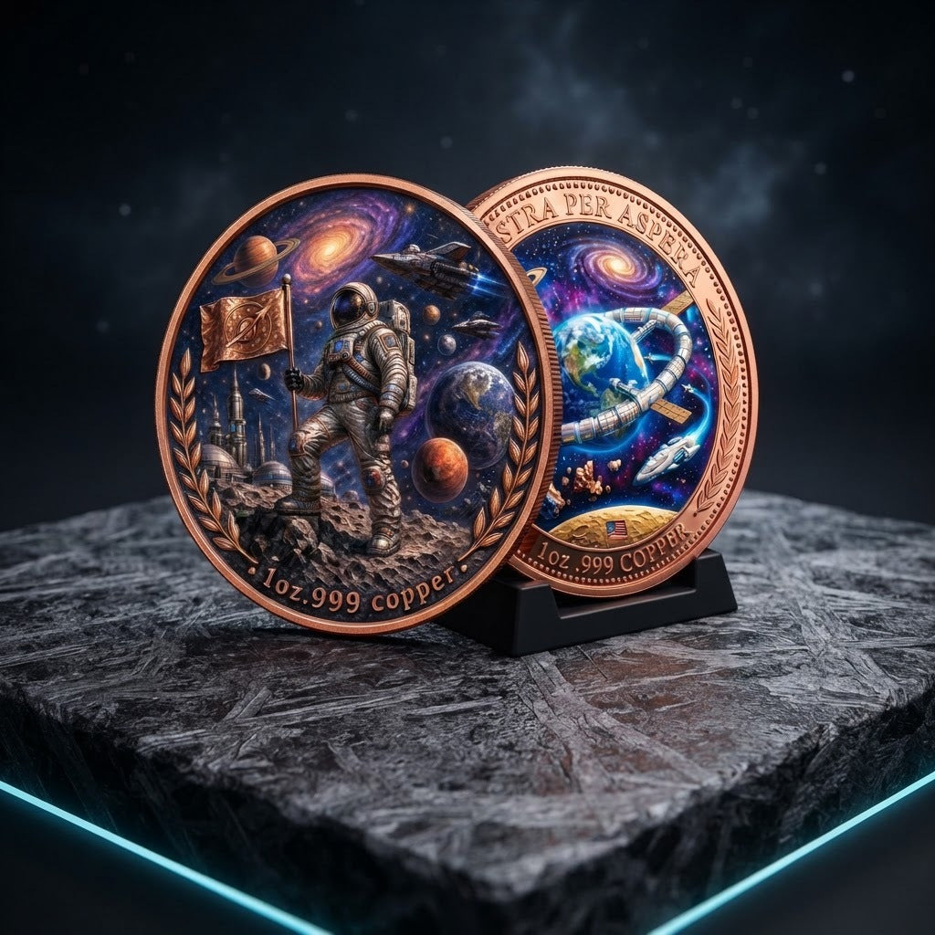 1 oz .999 Copper Round Ad Astra Per Aspera Astronaut and Space Station – Both sides on dark space display