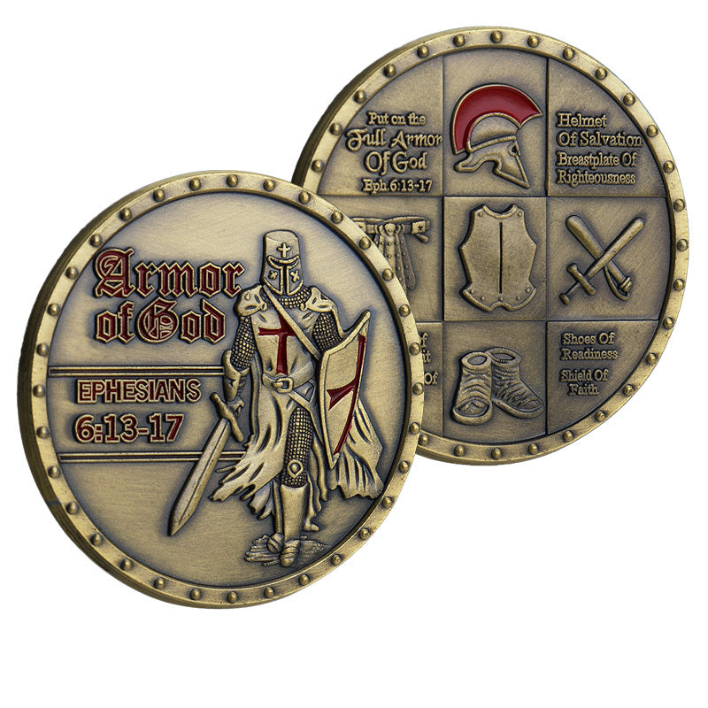 Armor of God Ephesians 6:13-17 Templar Knight Challenge Coin both sides – Crusader knight obverse and Full Armor of God six-panel grid reverse antique bronze