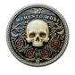 Memento Mori Death Is Certain Challenge Coin 40mm – Reverse skull with roses Memento Vivere Stay Humble