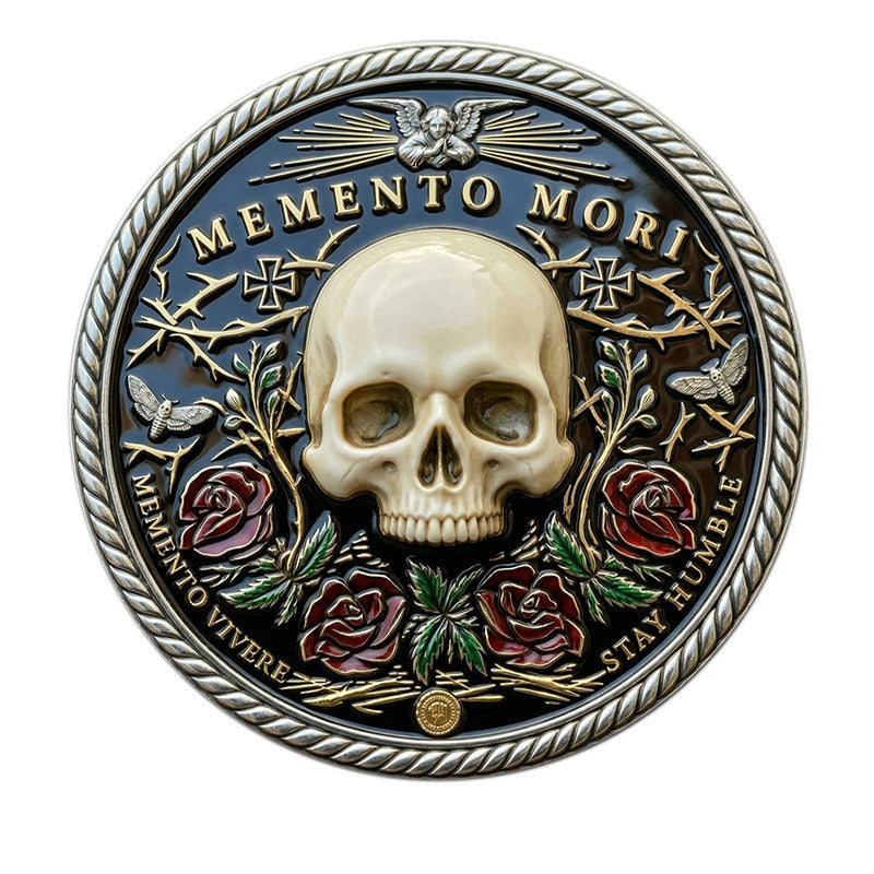 Memento Mori Death Is Certain Challenge Coin 40mm – Reverse skull with roses Memento Vivere Stay Humble