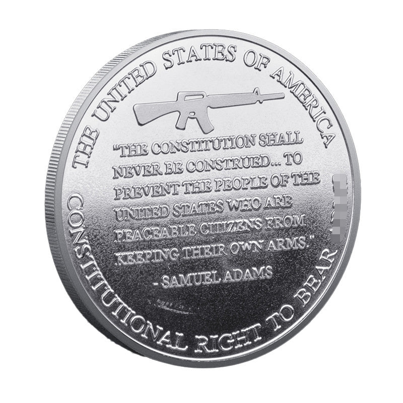Second Amendment Silver-Tone Challenge Coin reverse – Constitutional Right to Bear Arms United States of America Samuel Adams quote AR-15